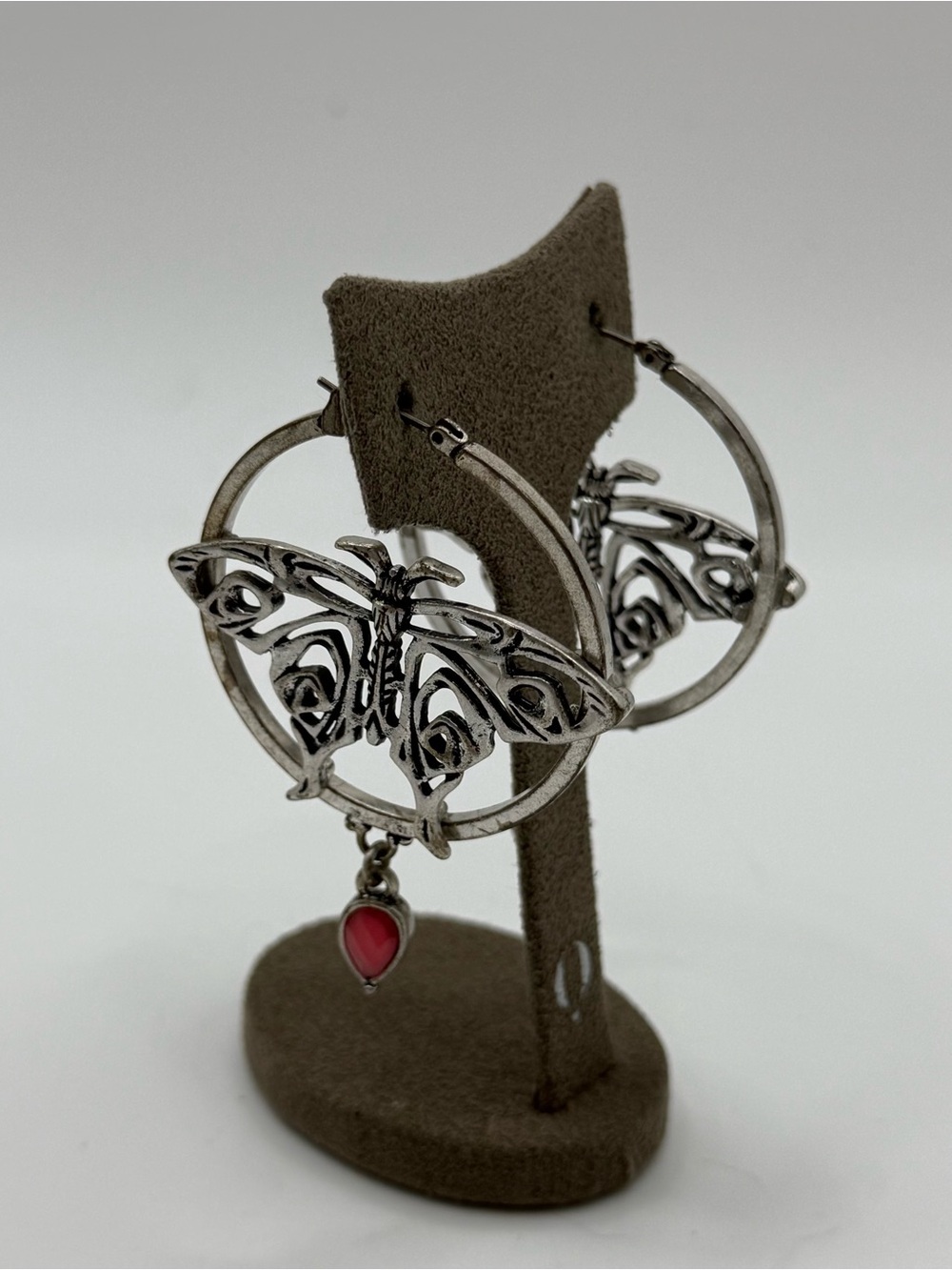 Silver tone Butterfly Hoop Earrings with Pink Teardrop Charm